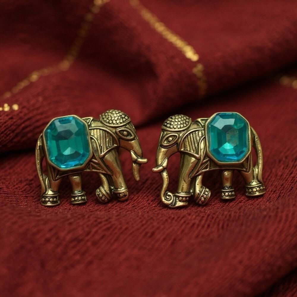 Medieval Elephant Earrings VTG CZ Gold African India Ethnic Museum Art Revival